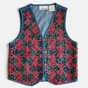 Vintage Casey & Max Denim & Plaid Open Basket Weave Vest S Small